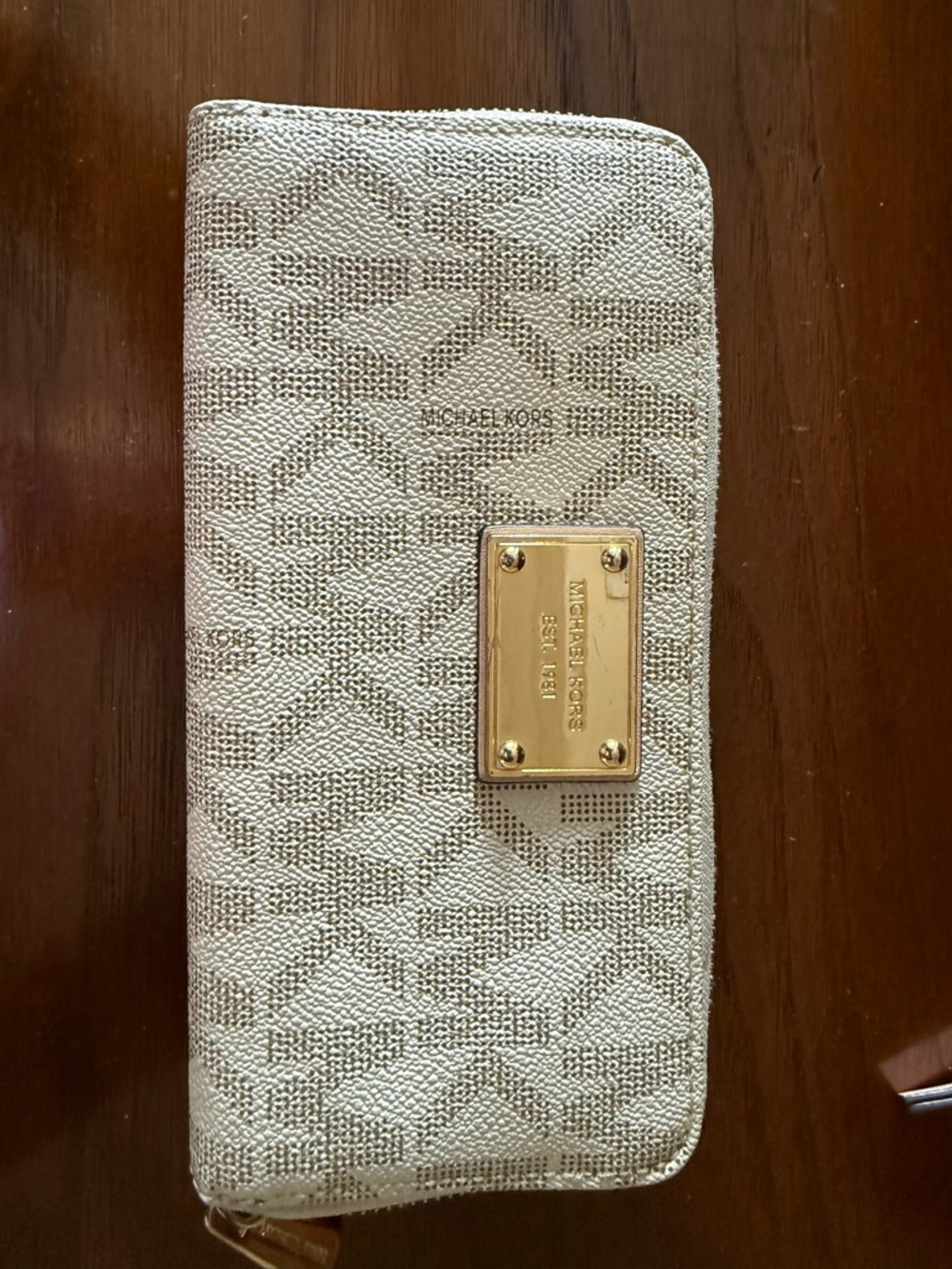 Michael Kors Cream Canvas Zip Wallet with Gold Plaque